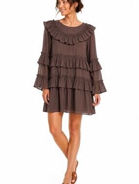 YAS Women’s Brown Ruffle Tiered Long Sleeve Mini Dress Size US 6 EU 38